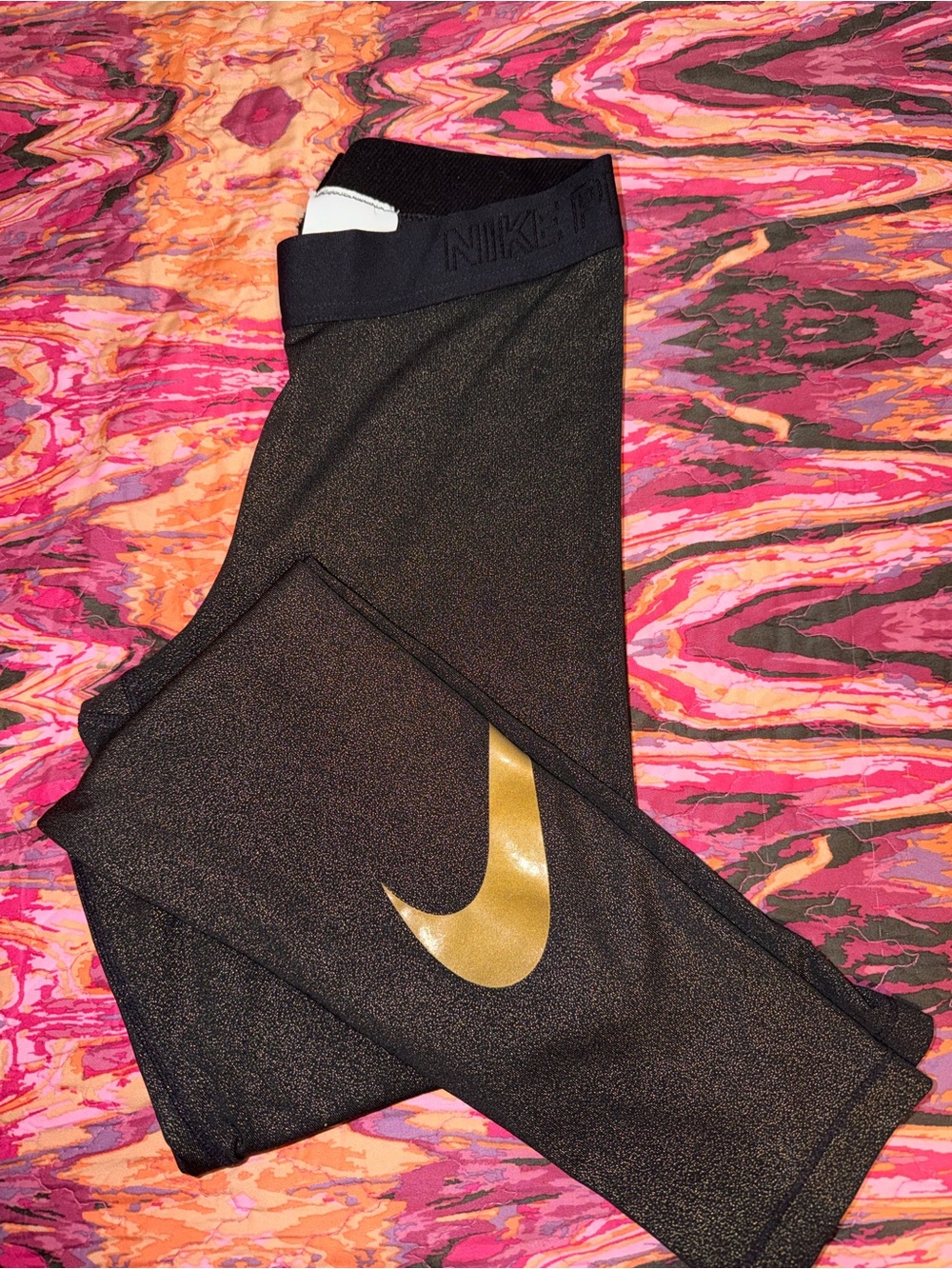 Nike Black Leggings with Metallic Gold Swoosh